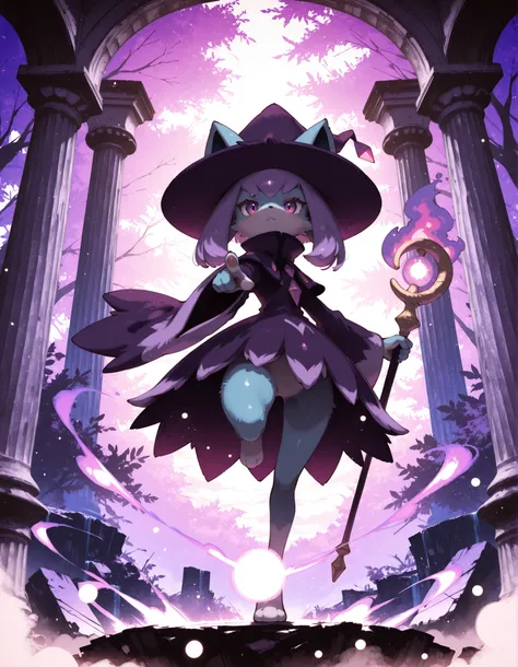 (Noxmauve:1.3),, solo, furry, no human, (katress), cyan body, magenta eyes, purple countershading, wizard hat, high collar, holding staff, half-length portrait, (low-angle view:1.15), one leg up, BREAK, purple fire attack, particles, energy effect, magic u...