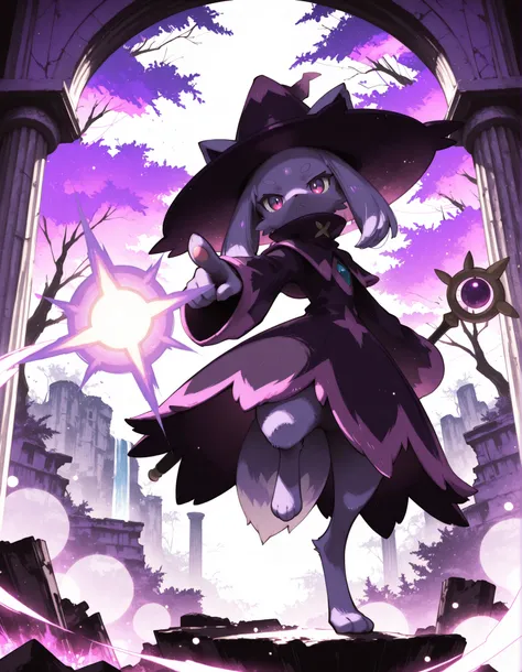 (Noxmauve:1.3),, solo, furry, no human, (katress), cyan body, magenta eyes, purple countershading, wizard hat, high collar, holding staff, half-length portrait, (low-angle view:1.15), one leg up, BREAK, purple fire attack, particles, energy effect, magic u...