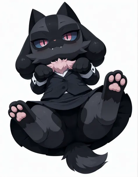 (Noxmauve:1.3),, (paws:1.2), (masterprice:1.2), best_quality, furry, solo, 1girl, from_below, cute, chibi, (looking_at_viewer:1.2), pink eyes, blue sclera, slit pupil, white_background, black_skirt, tuxedo_jacket, feet, grey_fur, no_lineart,