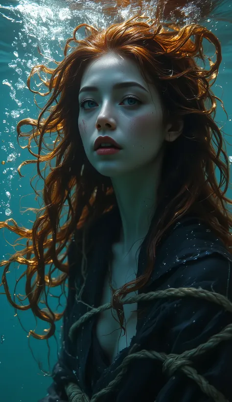A masterpiece Photorealistic underwater scene in the style of Photo fantasy: a drowning red-haired witch with her hands tightly tied to her body with thick ropes. Her slender body in an upright position slowly sinks into the depths. Her arms are pinned and...