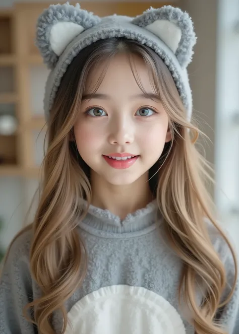 (very cute japanese teenage girl with her face raised and her mouth open, Idol beauty)、A cute girl in a gray spotted cat costume、 bright room、medium straight blonde hair, ((full body view:1.3)), full makeup、concentrates on stylish poses like a professional...