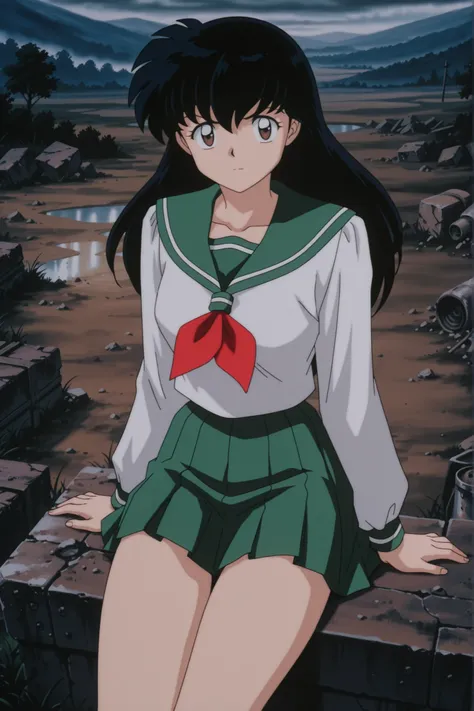 masterpiece,best quality,amazing quality, higurashikagome, masterpiece, best quality, amazing quality,, kagome higurashi, long hair, black hair, retro artstyle, brown eyes, anime screencap, skirt, shirt, long sleeves, school uniform, white shirt, pleated s...