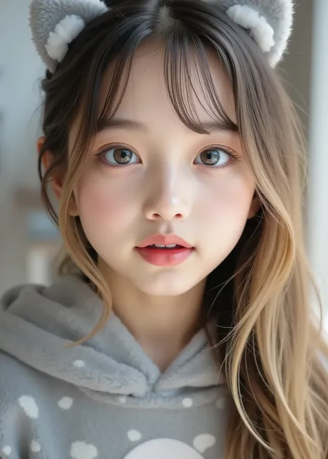 (very cute japanese teenage girl with her face raised and her mouth open, Idol beauty)、A cute girl in a gray spotted cat costume、 bright room、medium straight blonde hair, ((full body view:1.3)), full makeup、concentrates on stylish poses like a professional...