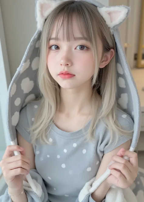 (very cute japanese teenage girl with her face raised and her mouth open, Cute Cat Pose )、A cute girl in a gray spotted cat costume、 bright room、medium straight blonde hair, ((full body view:1.3)), full makeup、concentrates on stylish poses like a professi...