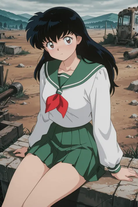 masterpiece,best quality,amazing quality, higurashikagome, masterpiece, best quality, amazing quality,, kagome higurashi, long hair, black hair, retro artstyle, brown eyes, anime screencap, skirt, shirt, long sleeves, school uniform, white shirt, pleated s...