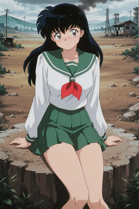 masterpiece,best quality,amazing quality, higurashikagome, masterpiece, best quality, amazing quality,, kagome higurashi, long hair, black hair, retro artstyle, brown eyes, anime screencap, skirt, shirt, long sleeves, school uniform, white shirt, pleated s...
