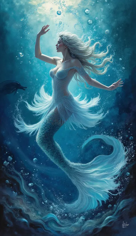 748cmstyle, Concept art character portrait of a dancing mermaid in a dynamic underwater pose, surrounded by swirling aquatic energy and bioluminescent bubbles, serene yet powerful, Deep sea ritual, aquatic fantasy, Azure glow, water magic, floating pearls,...