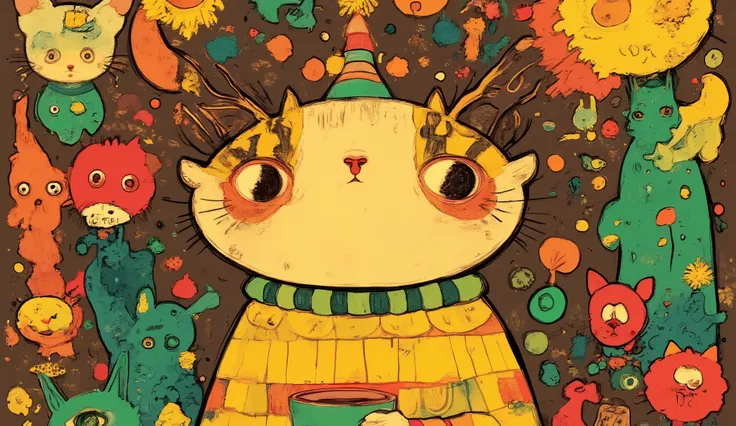 horror,This image features a colorful and abstract composition、The figure of an anthropomorphic cat from a vibrant cartoon is depicted in various shapes,red, green, green, Yellow,中央の焚火の側のネコは小さなYellowい王冠をかぶった白いデブ猫,Surrounding this fat cat is a combination o...