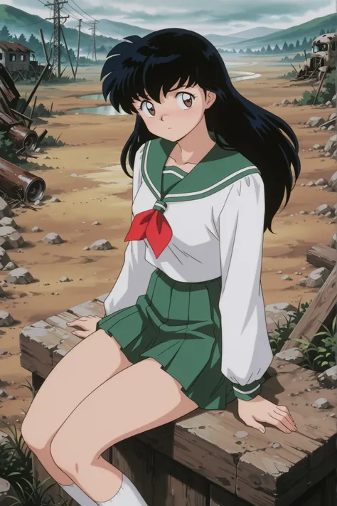 masterpiece,best quality,amazing quality, higurashikagome, masterpiece, best quality, amazing quality,, kagome higurashi, long hair, black hair, retro artstyle, brown eyes, anime screencap, skirt, shirt, long sleeves, school uniform, white shirt, pleated s...