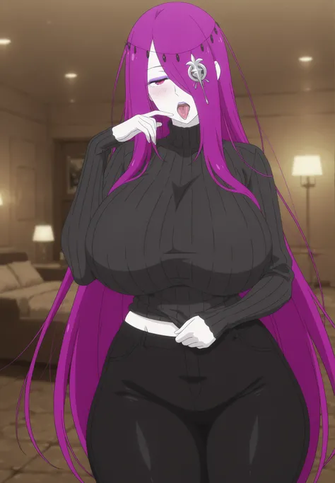 masterpiece, best quality, amazing quality, highres, absurdres, anime screencap, anime colouring, sekhmet, 1girl , adult female, milf, motherly, pale skin , long hair , purple hair , hair over one eye , red eyes , makeup, hair ornament, huge breasts, big b...