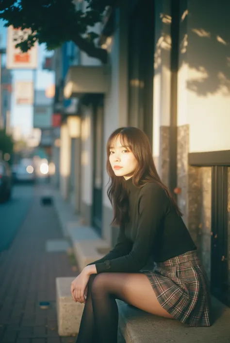 /imagine prompt:
Golden autumn street corner, warm afternoon light, cafe terrace leaves drifting across brick pavement :: Japanese woman (26) :: relaxed confident gaze, seated on low step at the corner, knees together, hands resting beside, both shoulders ...