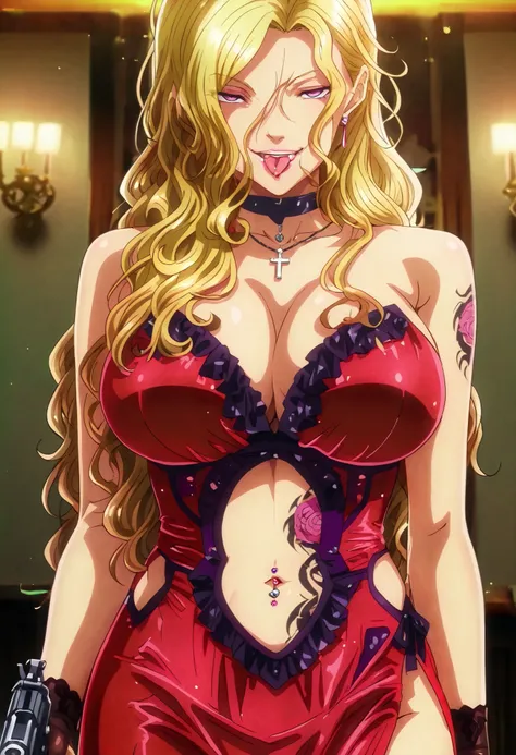 ((masterpiece)),(((best quality))),((ultra-detailed)),((illustration)),((disheveled hair)),((frills)),(1 girl),(solo), Rui \( Okusama no Kaifuku Jutsu\), blonde hair, long hair, purple eyes, lips, lipstick, makeup,mature,sexy, evil smile,evil grin,mature,s...