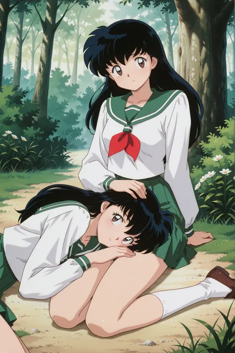masterpiece,best quality,amazing quality, higurashikagome, masterpiece, best quality, amazing quality,, kagome higurashi, long hair, black hair, retro artstyle, brown eyes, anime screencap, skirt, shirt, long sleeves, school uniform, white shirt, pleated s...