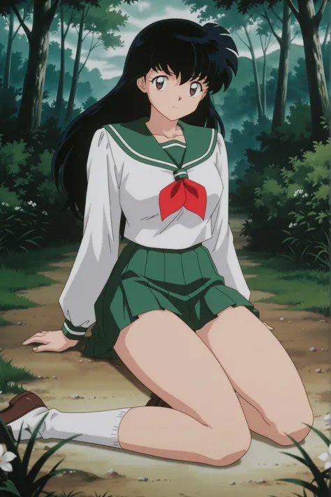 masterpiece,best quality,amazing quality, higurashikagome, masterpiece, best quality, amazing quality,, kagome higurashi, long hair, black hair, retro artstyle, brown eyes, anime screencap, skirt, shirt, long sleeves, school uniform, white shirt, pleated s...