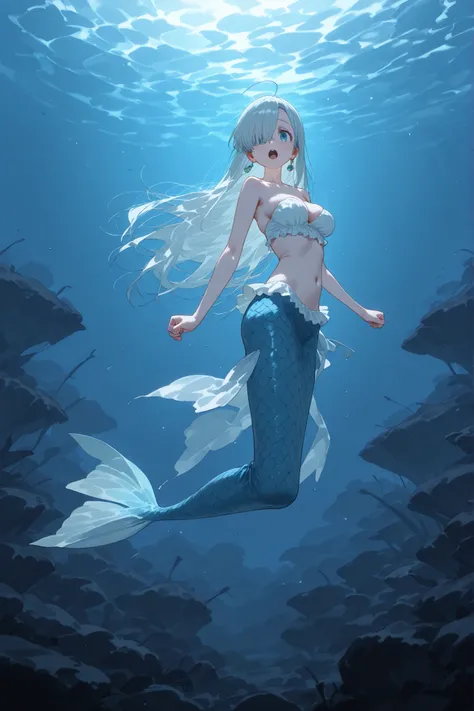 Elizabeth liones,full shot:1.7,slender face:1.5,hair over one eye, silver hair, long hair, blue eyes,白いフリルの水着:1.3,one ear Blue sphere Jewel earring,流し目:1.6,巨乳:1.5,視聴者を見る:1.5,round tooth:1.6,(人魚姫:1.7),Mermaid:1.7,ダイナミックなポーズ:1.6,