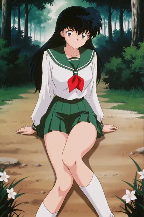 masterpiece,best quality,amazing quality, higurashikagome, masterpiece, best quality, amazing quality,, kagome higurashi, long hair, black hair, retro artstyle, brown eyes, anime screencap, skirt, shirt, long sleeves, school uniform, white shirt, pleated s...
