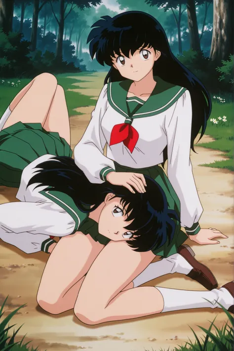 masterpiece,best quality,amazing quality, higurashikagome, masterpiece, best quality, amazing quality,, kagome higurashi, long hair, black hair, retro artstyle, brown eyes, anime screencap, skirt, shirt, long sleeves, school uniform, white shirt, pleated s...