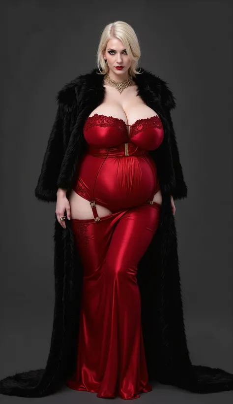 Dark Red Ultra Long Dress(gorgeous golden embroidery ),  Premium Black Fur Coat ,Red High Heels,  dark gothic makeup, 垂れきったsuper big boobs(Sagging condition: 10.5, length to the bottom:130.0,Softness:130.0), Blonde(Sagging condition: 10.5, length to the bo...