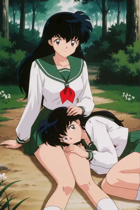masterpiece,best quality,amazing quality, higurashikagome, masterpiece, best quality, amazing quality,, kagome higurashi, long hair, black hair, retro artstyle, brown eyes, anime screencap, skirt, shirt, long sleeves, school uniform, white shirt, pleated s...