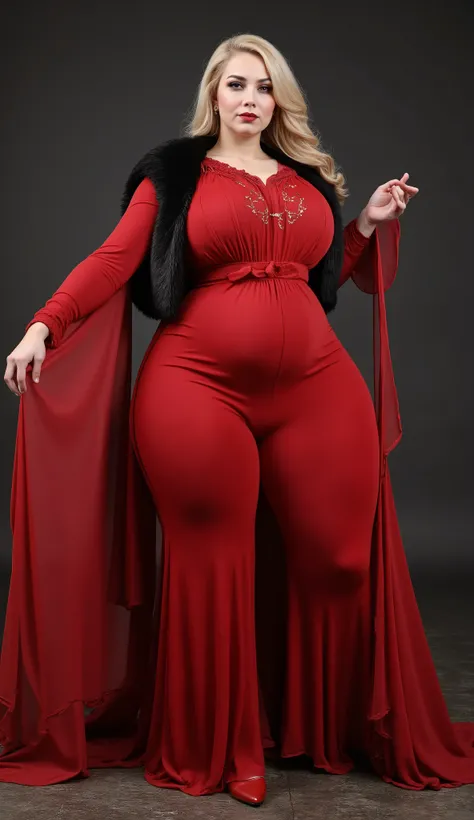 Dark Red Ultra Long Dress(gorgeous golden embroidery ),  Premium Black Fur Coat ,Red High Heels,  dark gothic makeup, 垂れきったsuper big boobs(Sagging condition: 10.5, length to the bottom:130.0,Softness:130.0), Blonde(Sagging condition: 10.5, length to the bo...