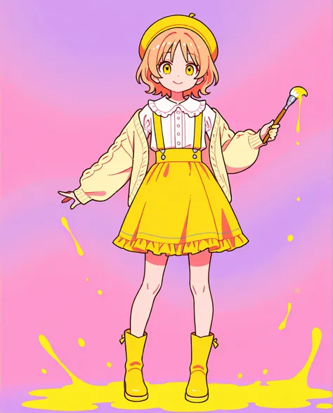 Colorful background with、paint sprinkled with a paintbrush、Super Detailed Illustration、super precise performance、masterpiece、Highest Quality、ultra high resolution、high resolution、one girl、solo、Puff Sleeve Ruffle Collar Blouse, Terracotta Color Suspender Sk...