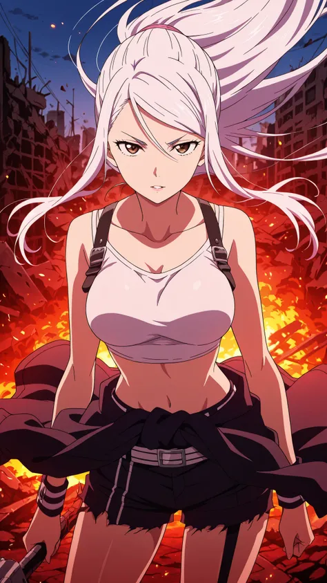 BREAK (masterpiece:1.2),Destroyed city reduced to ashes,  
skyscrapers broken and glowing with embers,  
sky glowing crimson with smoke,  
ground covered in burning ruins,  
apocalyptic anime masterpiece, dramatic and epic,saeko ayase, long hair,white hair...