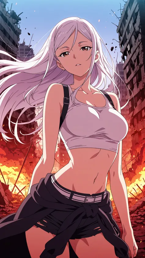 BREAK (masterpiece:1.2),Destroyed city reduced to ashes,  
skyscrapers broken and glowing with embers,  
sky glowing crimson with smoke,  
ground covered in burning ruins,  
apocalyptic anime masterpiece, dramatic and epic,saeko ayase, long hair,white hair...