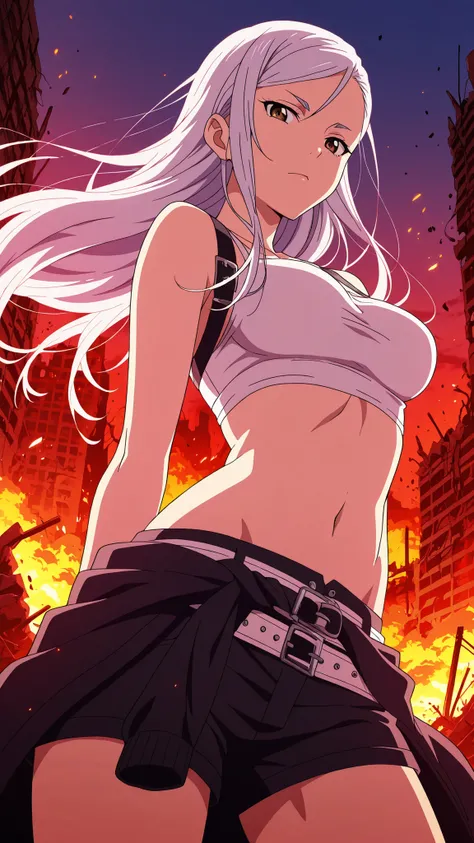BREAK (masterpiece:1.2),Destroyed city reduced to ashes,  
skyscrapers broken and glowing with embers,  
sky glowing crimson with smoke,  
ground covered in burning ruins,  
apocalyptic anime masterpiece, dramatic and epic,saeko ayase, long hair,white hair...