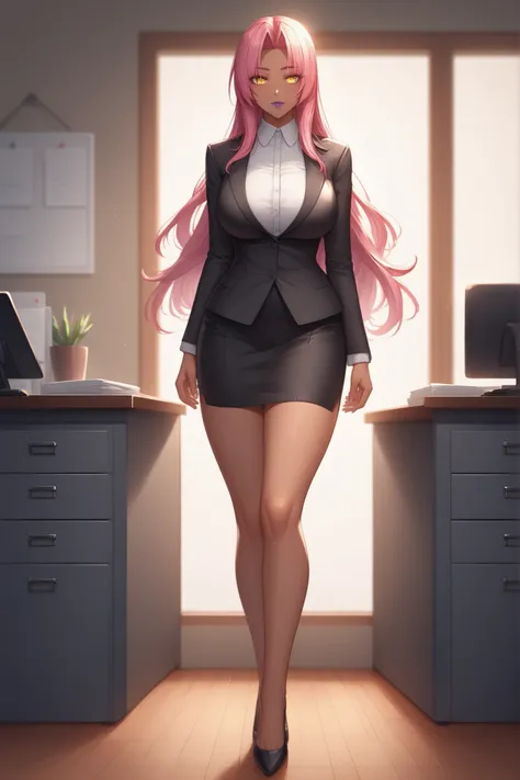 Makai Kishi, ingrid \ (taimanin murasaki\), 1girl, solo, mature female, dark-skinned female, pink hair, long hair, hair intakes, sidelocks, purple lips, mole under mouth, yellow eyes, black blazer, no bra, pencil skirt, black miniskirt, eyesHD, high gradie...