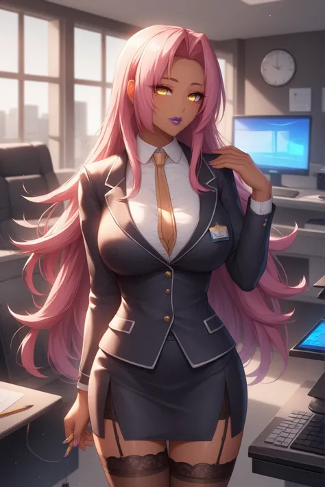 Makai Kishi, ingrid \ (taimanin murasaki\), 1girl, solo, mature female, dark-skinned female, pink hair, long hair, hair intakes, sidelocks, purple lips, mole under mouth, yellow eyes, black blazer, no bra, pencil skirt, black miniskirt, eyesHD, high gradie...