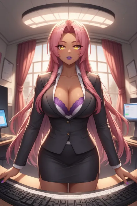Makai Kishi, ingrid \ (taimanin murasaki\), 1girl, solo, mature female, dark-skinned female, pink hair, long hair, hair intakes, sidelocks, purple lips, mole under mouth, yellow eyes, black blazer, no bra, pencil skirt, black miniskirt, eyesHD, high gradie...