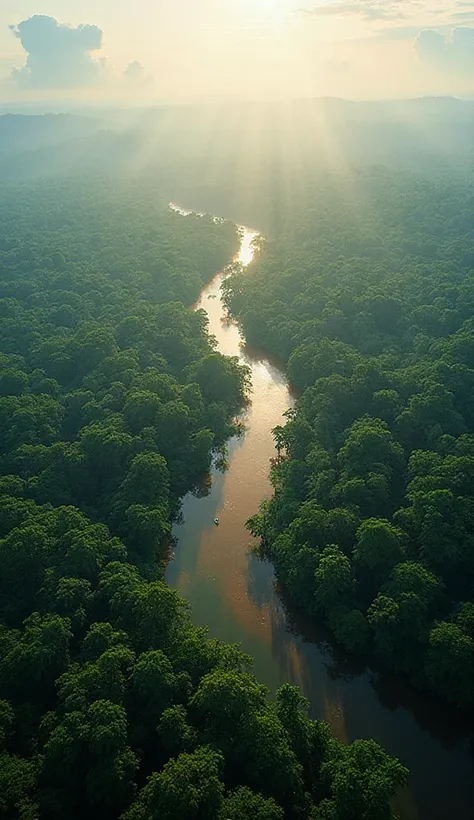 mesmerizing aerial panoramic photograph of the Amazon Rainforest, } wide range infinite dense and lush emerald green canopy extending to the horizon like an ocean of plant life, Amazon river meandering majestically through the forest like a gigantic golden...