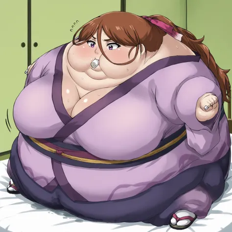  kenshinsatsuki, purple eyes, brown hair, hair between eyes, hair ribbon, long hair, ponytail BREAK
purple kimono, blue sweatpants, sandals, ,  fat, chubby, obese, gigantic arms and legs, large breasts, sweating, wet body, swollen face, Fat_neck , Fat head...