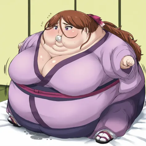 kenshinsatsuki, purple eyes, brown hair, hair between eyes, hair ribbon, long hair, ponytail BREAK
purple kimono, blue sweatpants, sandals, ,  fat, chubby, obese, gigantic arms and legs, large breasts, sweating, wet body, swollen face, Fat_neck , Fat head...