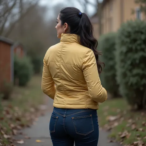 Photorealistic full-body rear portrait of a mature European woman, shot strait from behind, long dark wavy hair loosely pinned back with a dark blue claw clip, glancing over her shoulder with mature beauty. Wearing tight dark blue jeans that emphasize her ...