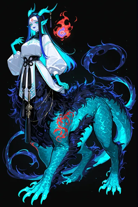 (dragon taur, centauroid, monster girl,) Girl is Azure dragon Lúng,she is hybrid of Eastern dragon. She has a sporty feminine bodybuilding. Her face has asian features. She has green jade narrow eyes. She has pale skin covered blue dragon scales,with Nazar...