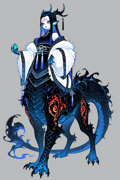 (dragon taur, centauroid, monster girl,) Girl is Azure dragon Lúng,she is hybrid of Eastern dragon. She has a sporty feminine bodybuilding. Her face has asian features. She has green jade narrow eyes. She has pale skin covered blue dragon scales,with Nazar...