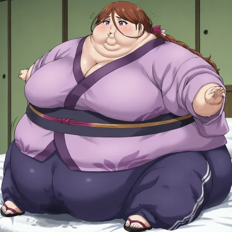 kenshinsatsuki, purple eyes, brown hair, hair between eyes, hair ribbon, long hair, ponytail BREAK
purple kimono, blue sweatpants, sandals, ,  fat, chubby, obese, gigantic arms and legs, large breasts, sweating, wet body, swollen face, Fat_neck , Fat head...