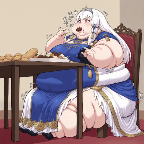1girl, lytts, long hair, white hair, tassel hair ornament, pink eyes, royal dress, crown, tiara, fat, chubby, obese,, large breasts, full body shot, big lips, lipstick, puffy cheek, motion line, sitting , in front of tones of food, table, chair, eating foo...