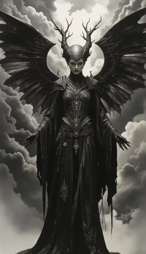 A dramatic and mystical Goddess of Doom stands at the center of the image, exuding an aura of power and mystery. The Colorless gray Grim Beauty is adorned in dark, intricately detailed attire that accentuates their figure. Large, imposing black wings unfur...