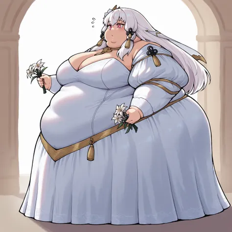 1girl, lytts, long hair, white hair, tassel hair ornament, pink eyes, wedding dress, fat, chubby, obese,, large breasts, full body shot, hypnotized, glazed over, holding flowers, side view