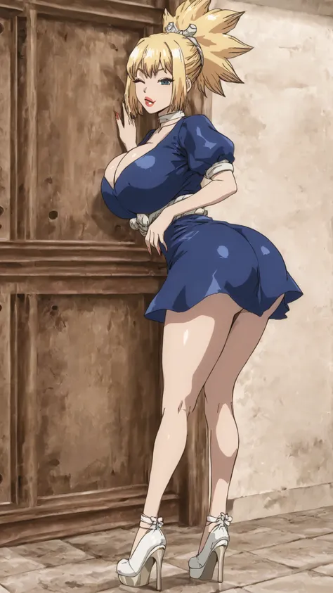 score_9, score_8_up, score_7_up, source_anime BREAK HyperBimbo, 1girl, kohaku \(dr. stone\), blonde hair, ponytail, choker, green blue eyes, makeup, puffy sleeves, lipstick, stunning makeup , strong lipliner , heavy eyeliner , false eyelashes, lip gloss, l...