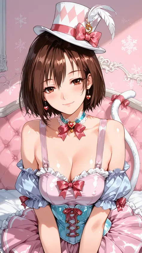 solo, Mizuho, brown hair, short hair, brown eyes, medium breast, mature woman, Tight waist、Small waist、shiny Skin , (upper body), sexy, score_9, score_8_up, score_7_up, source_anime,(extremely detailed CG), (best quality)  sexy, light smile,  kawaii circus...