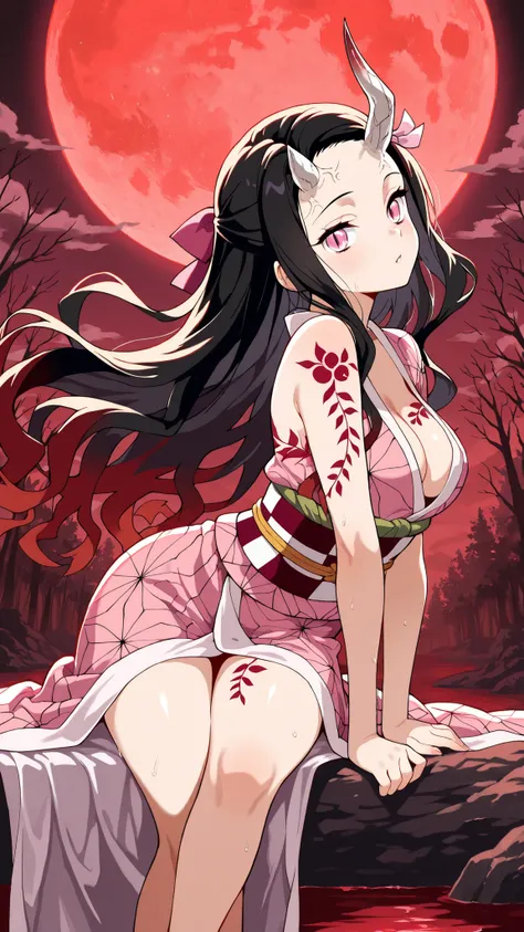 ,BREAK (masterpiece:1.2),Forest clearing opening to a massive sky with a colossal red moon,
shadows of tall trees stretching across the wet ground,
puddles glowing crimson,
clouds glowing faintly around the moon,
dark fantasy epic atmosphere, ultra...