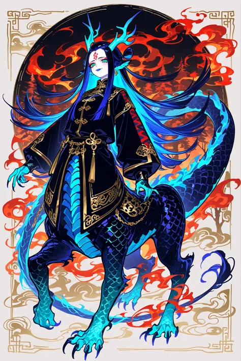 (centaur,dragon taur,dragon body,) Girl is Azure dragon Lúng,she is hybrid of Eastern dragon. She has a sporty feminine bodybuilding. Her face has asian features. She has green jade narrow eyes. She has pale skin covered blue dragon scales,with Nazar-trace...