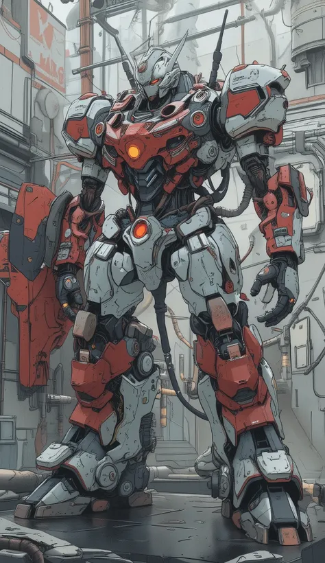 Towering, Intricate, detailed robot stand posing presence, メカニカルデザインand創造性の驚異を醸し出す. その構造は主にさまざまな機械部品andパネルで構成されています, It features 、リアリズムand複雑さに重点を置いて芸術的に組み立てられています. The robot、主に赤andグレーのカラーパレット, 、白andほのかな黒のディテールがアクセントになっています, enhances the futuristic and mili...