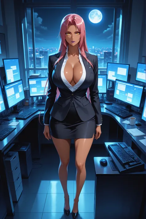 Makai Kishi, ingrid \ (taimanin murasaki\), 1girl, solo, mature female, dark-skinned female, pink hair, long hair, hair intakes, sidelocks, purple lips, mole under mouth, yellow eyes, black blazer, under her blazer she's wearing a button-down shirt, no bra...