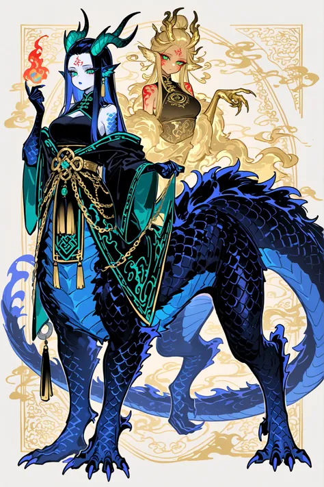 (dragon taur, centauroid, monster girl,) Girl is Azure dragon Lúng,she is hybrid of Eastern dragon. She has a sporty feminine bodybuilding. Her face has asian features. She has green jade narrow eyes. She has pale skin covered blue dragon scales,with Nazar...