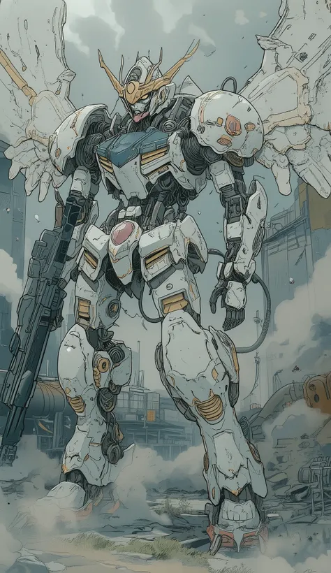 robot with big wings、holding a gun, Action Figure Mecha, Japanese Mecha, Konami Mecha , Mech Suit, Mecha Robot Details , A giant mecha robot, Kato Haruhisa Seimitsu, Gundamスタイル, giant anime mecha , animated robot mixed with organic matter, full body、of th...