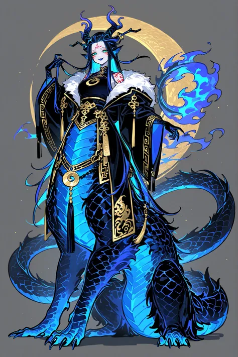 (dragon taur, centauroid, monster girl,) Girl is Azure dragon Lúng,she is hybrid of Eastern dragon. She has a sporty feminine bodybuilding. Her face has asian features. She has green jade narrow eyes. She has pale skin covered blue dragon scales,with Nazar...